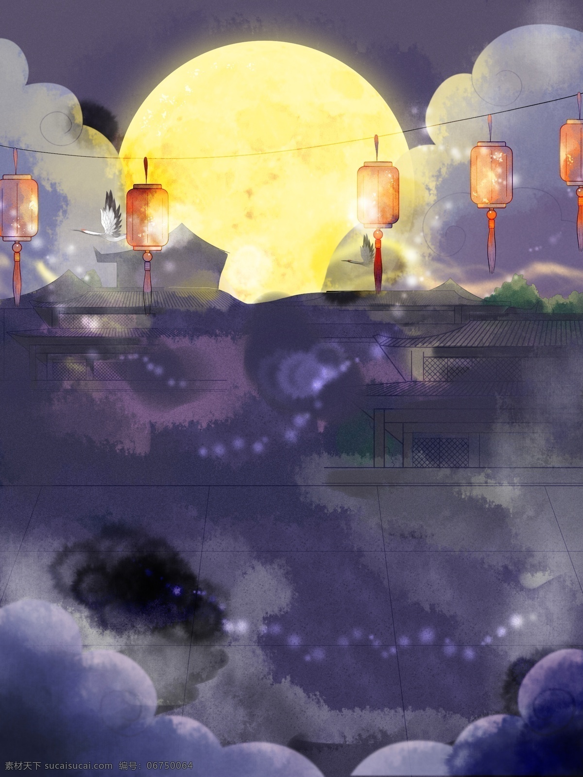 古风 灯笼 圆月 背景 彩绘 紫色 广告背景 通用背景 psd背景 背景展板 背景图