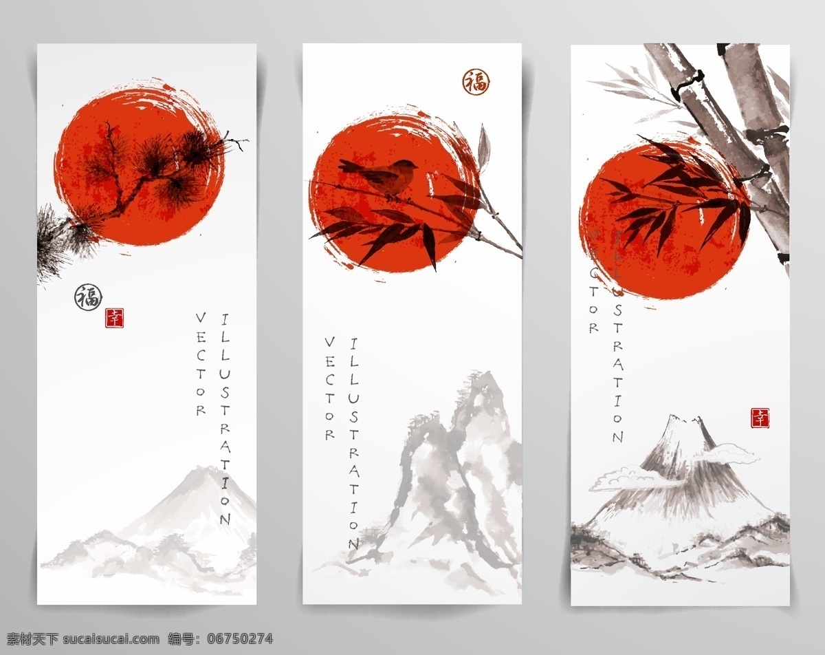 日式素材 竹插画 山水画矢量 矢量素材 山水 边框 文化艺术 传统文化