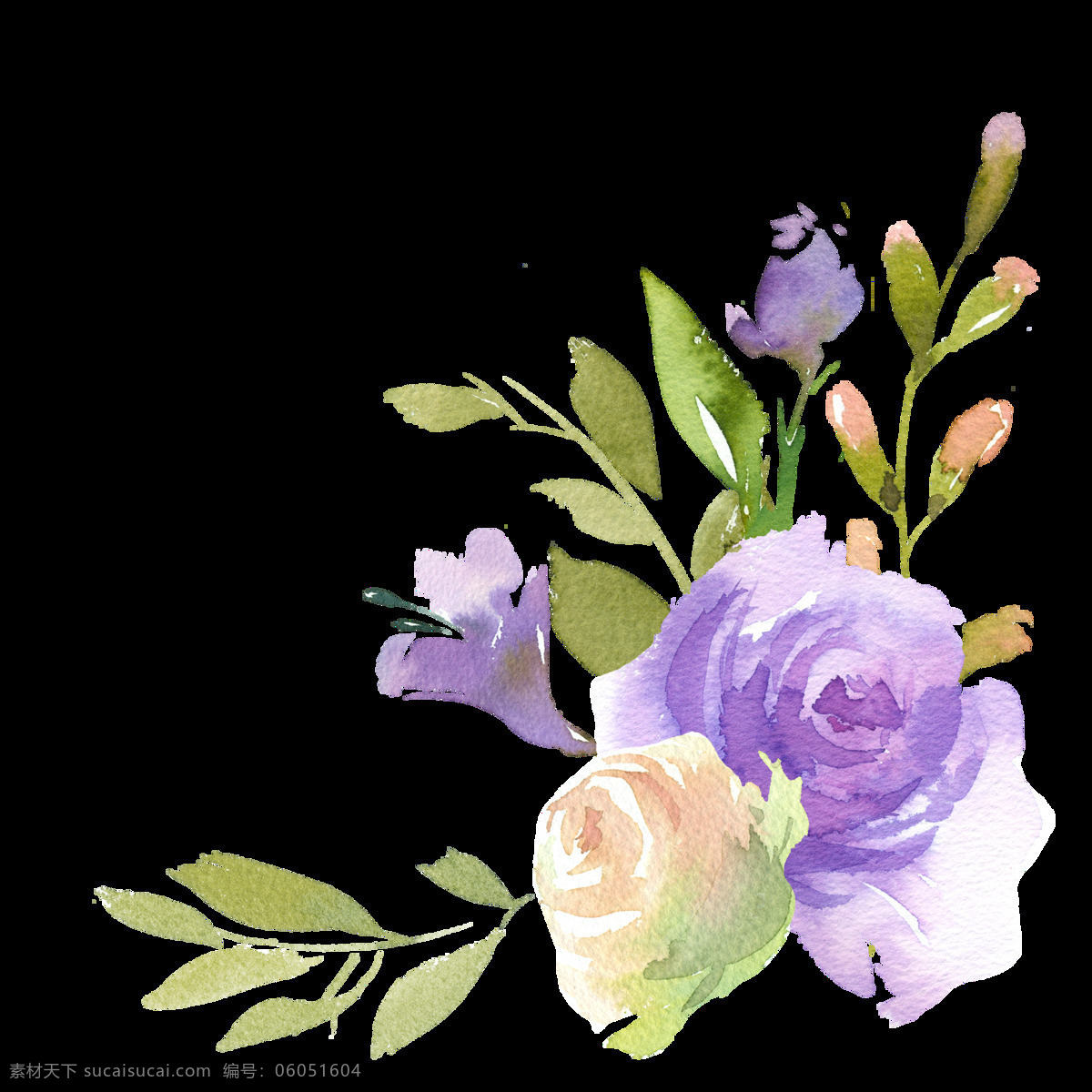 手绘 信纸 边框 花纹 透明 粉红色 花苞 绿色 玫瑰花 免扣素材 水彩 透明素材 叶子 装饰图案 紫色