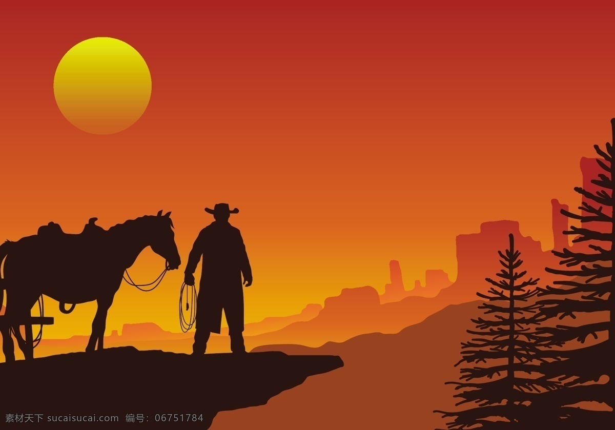 西部 狂野 矢量 夕阳 风景 骑士 矢量素材 马