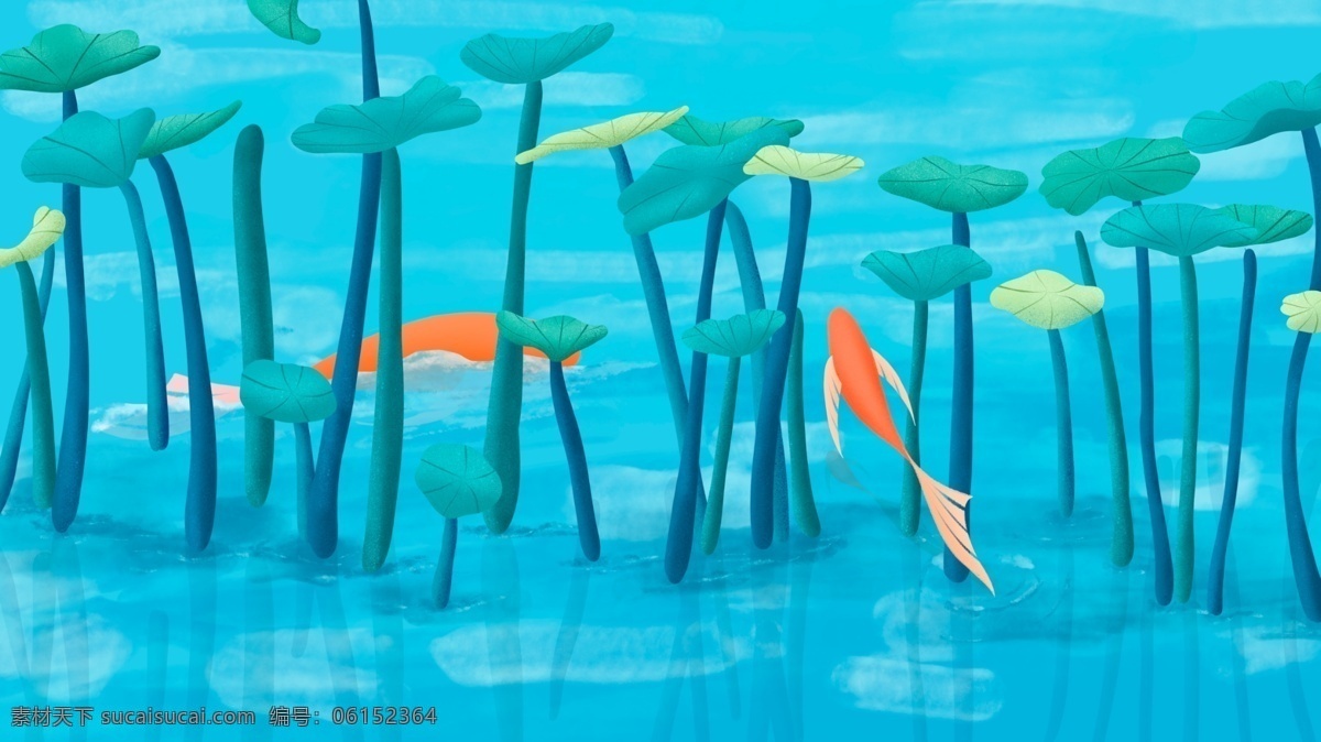 中国 风 荷塘 跃出 水 面的 锦鲤 手绘 海报 壁纸 插画 中国风 鲤鱼 荷叶 清新 水面