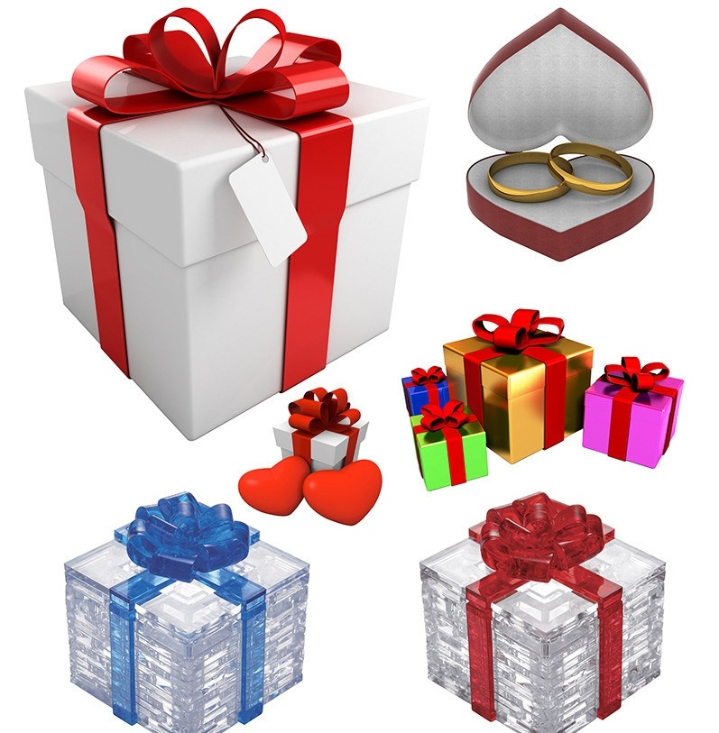 礼物盒 白色礼物盒 红色包装带 礼物水晶盒 3d 心形 心形戒指盒 金戒指 金色礼物盒 分层 源文件