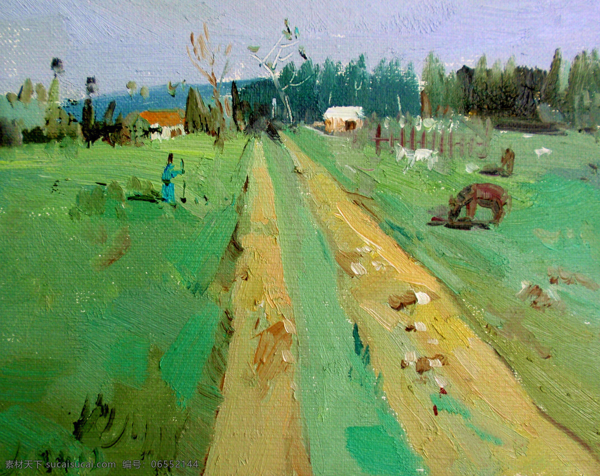 草原 房屋 绘画书法 绿草 美术 人物 树木 草原春意 油画 放牧 小路 油画艺术 油画作品38 文化艺术 家居装饰素材