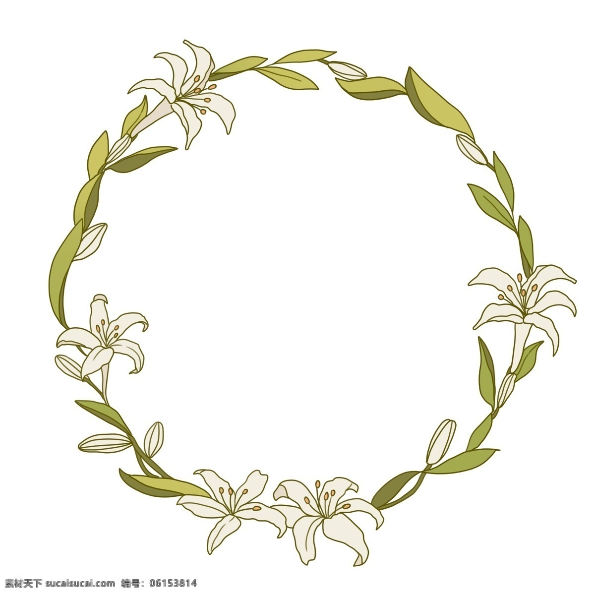 百合花 花环 装饰 插画 百合花花环 创意花环 立体花环 卡通花环 植物花环 绿色的叶子