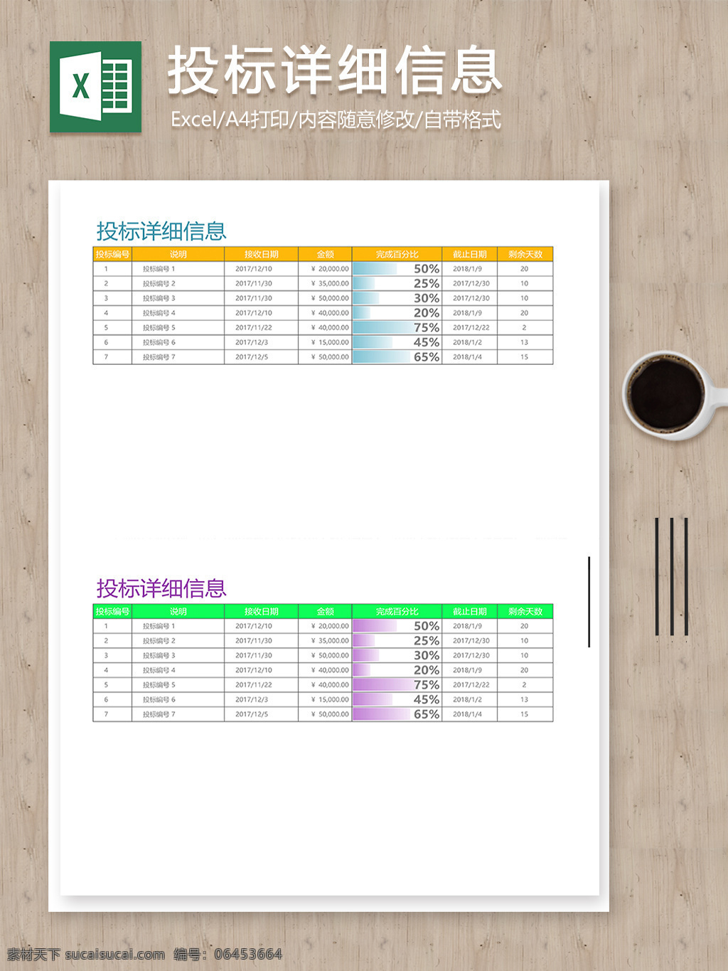 醒目 投标 详细 信息 记录 完成 百分比 显示 excel 表格 报表 报表模板 表格模板 表格设计 明细表 投标表格 投标模板