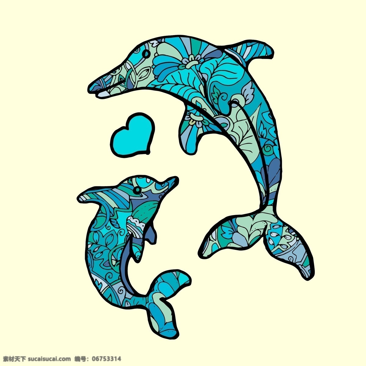 双 海豚 涂鸦 式 彩绘 书页 插图 背景 矢量 风格化 着色 书 手绘 卡通