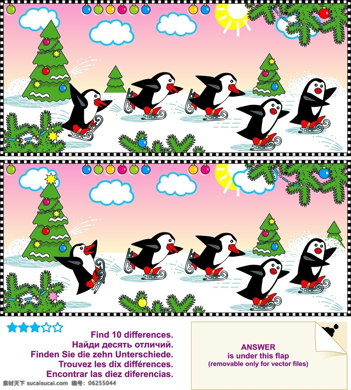 找不同图片 卡通 溜冰 企鹅 滑冰 圣诞树 圣诞 找不同 找找看 手绘 背景 底纹 矢量 矢量找不同 矢量素材 其他矢量