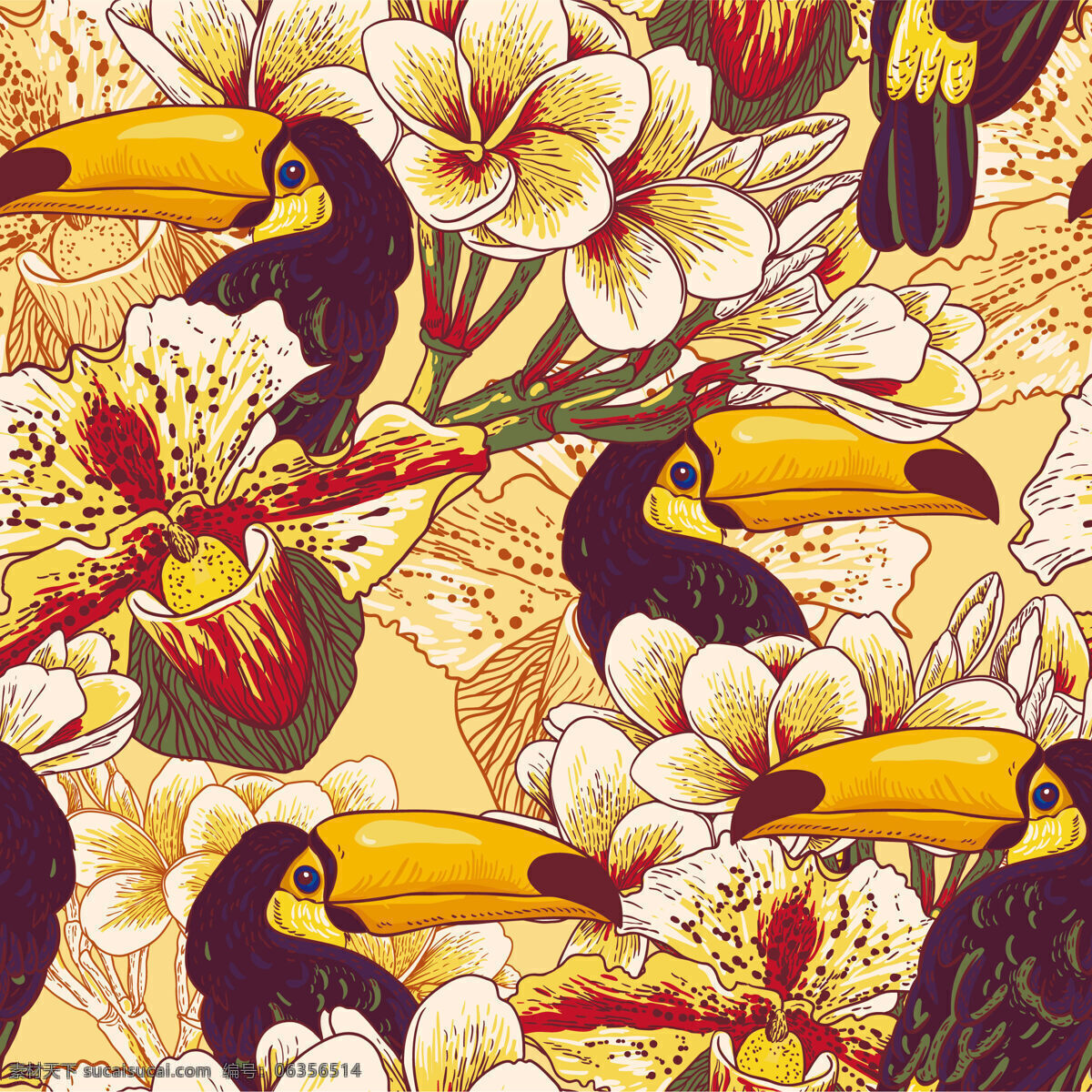橙色 艳丽 啄木鸟 壁纸 图案 装饰设计 壁纸图案 浅黄色底色 浅色花朵