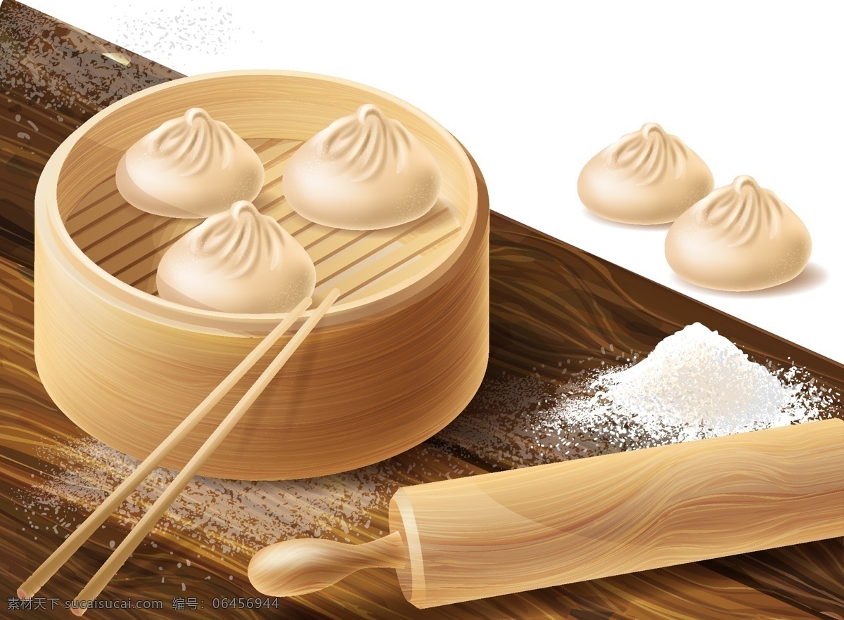 传统 中式 小吃 包子 插画 面粉 小笼包子