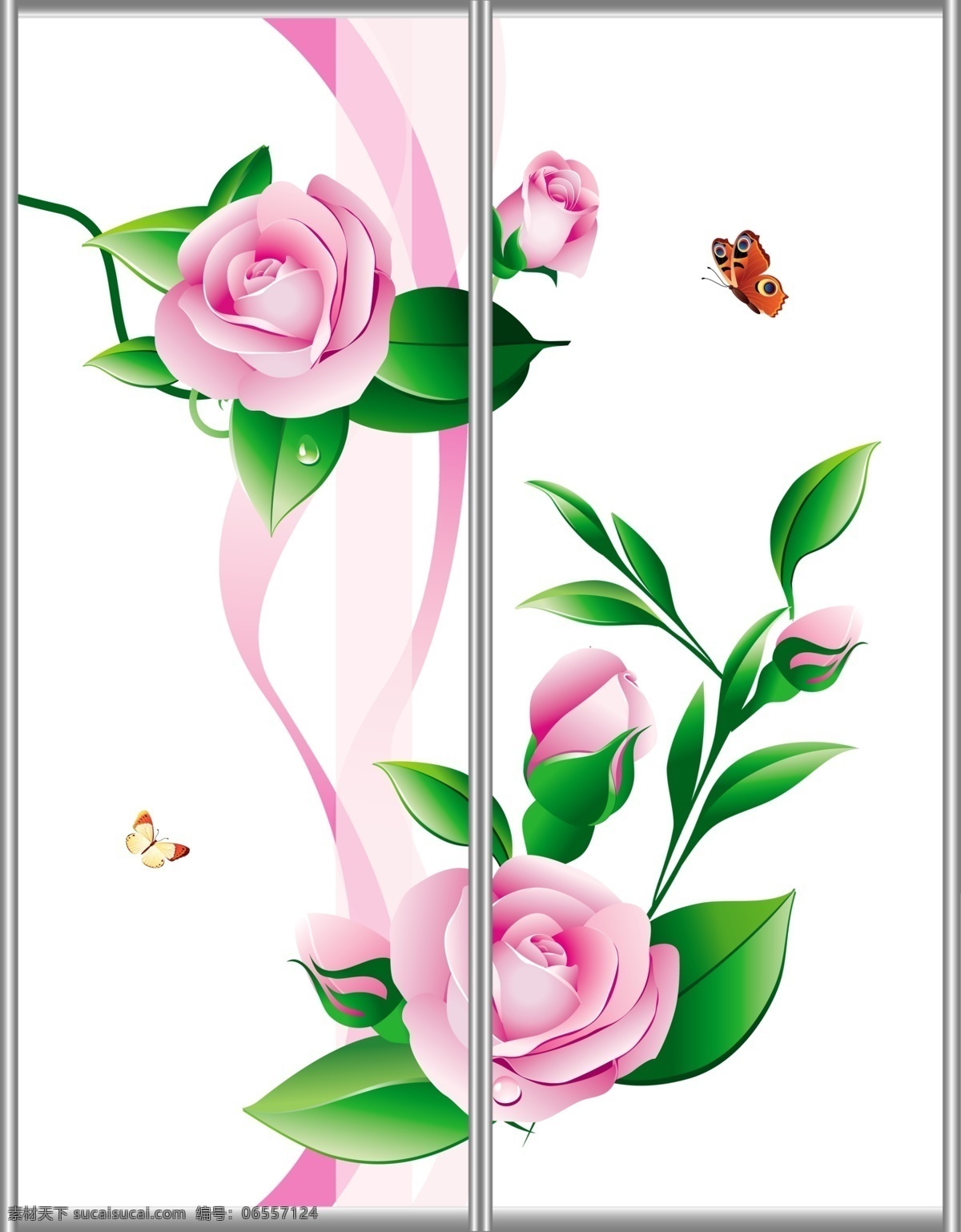 移门 广告设计模板 蝴蝶 花朵 花骨朵 绿叶 玫瑰 曲线 移门源文件 移门图案 源文件 家居装饰素材