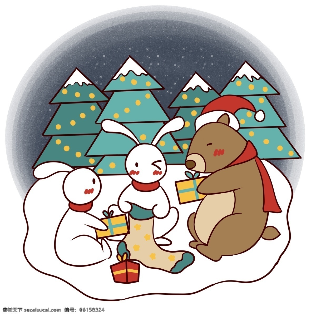 手绘 卡通 可爱 圣诞节 小 动物 矢量 免抠 圣诞快乐 圣诞夜 星空 圣诞树 小动物 礼物 雪地