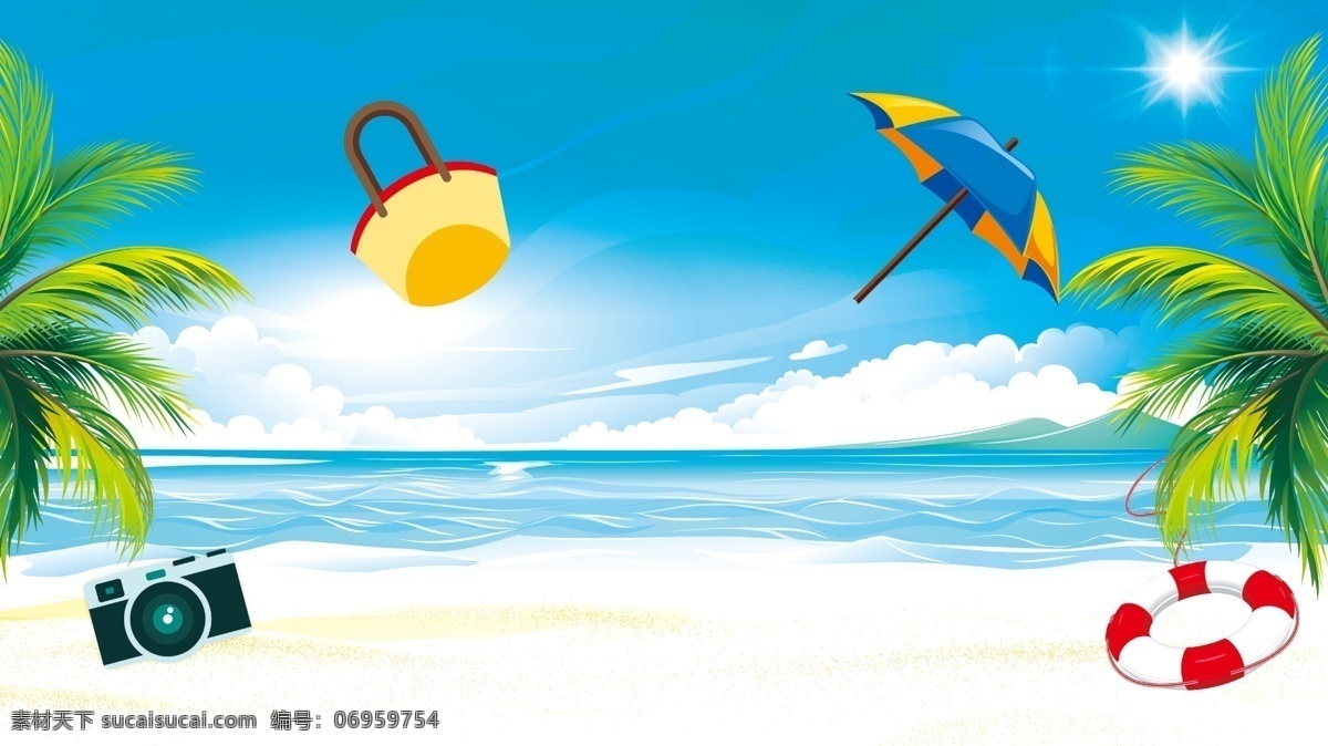 海边 度假 玩耍 广告 背景 广告背景 海滩 云朵 椰子树 照相机 游泳圈 遮阳伞