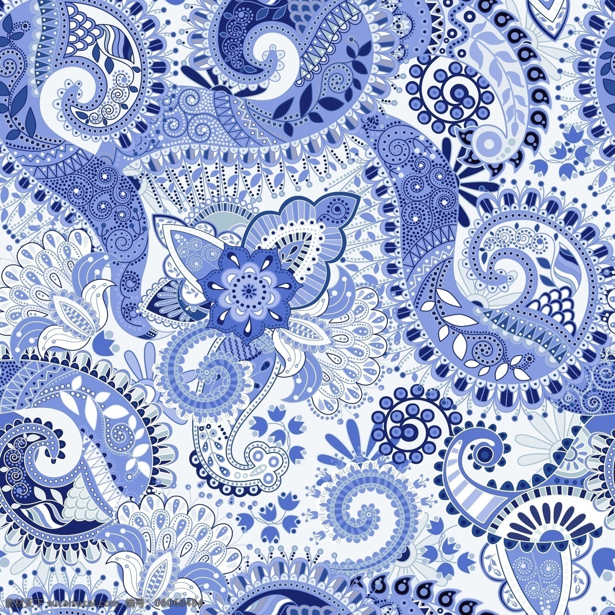 蓝色 佩 斯利 花卉 青花瓷 印度 无缝 图案 背景 矢量 矢量背景 广告背景 佩斯利