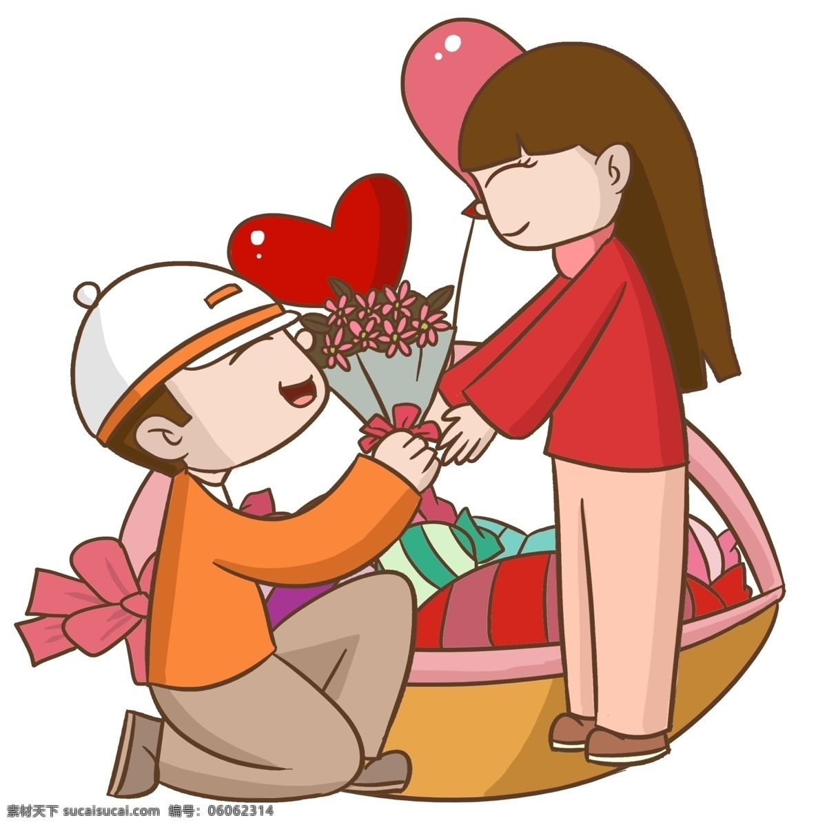 情人节 求婚 情侣 红色的桃心 红色的鲜花 红色的蝴蝶结 漂亮的小女孩 人物 手绘 插画 求婚的小男孩