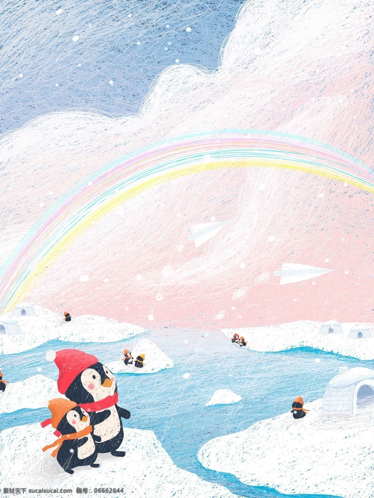 唯美 梦幻 冰川 治愈 系 线圈 画 海洋 可爱 动物 治愈系 线圈画 南极 粉色云朵 云层 企鹅 纸飞机 冬季