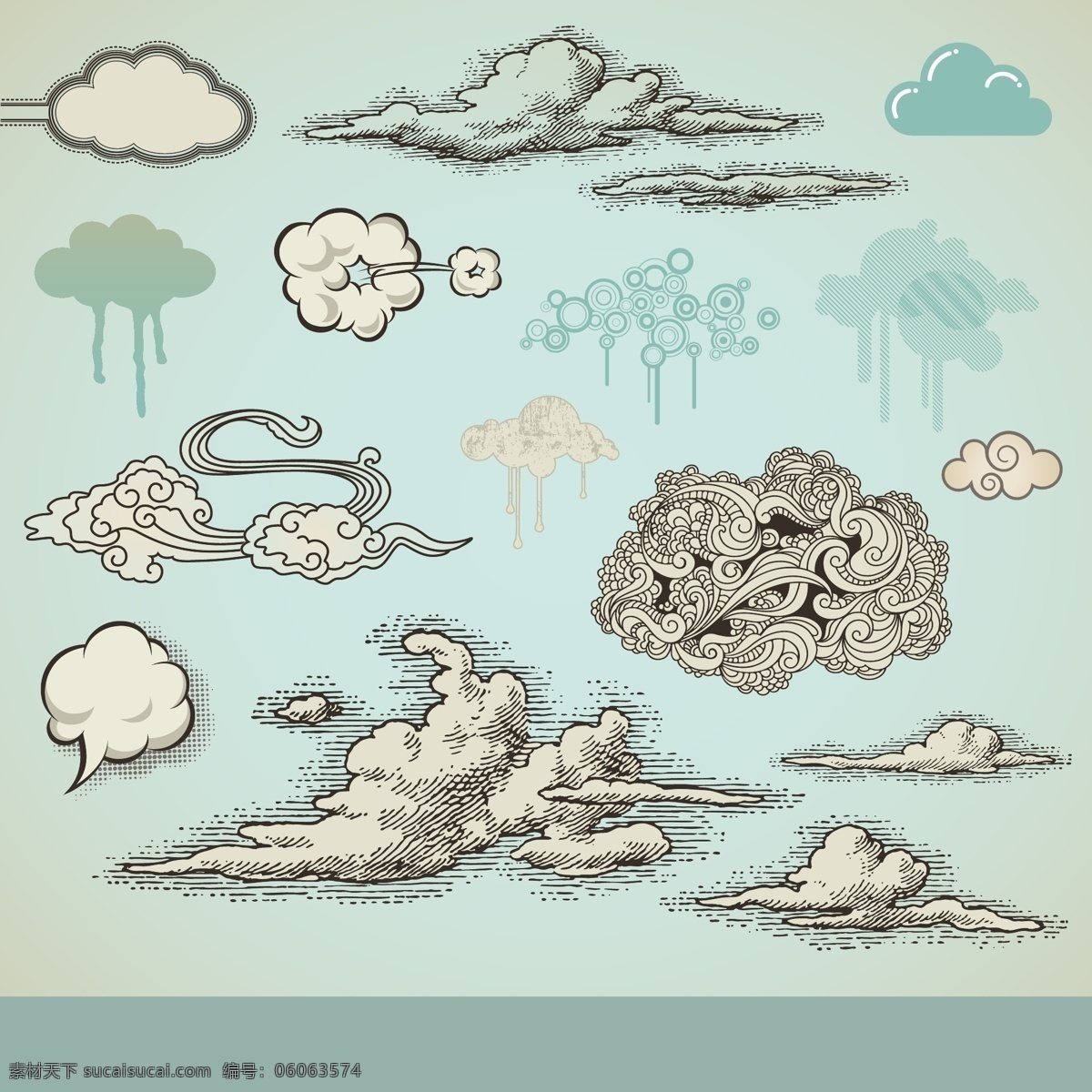 钢笔画 风格 云彩 矢量 云朵 对话泡泡 对话框 爆炸 潮流元素 潮流设计 矢量素材 自然风景 自然景观