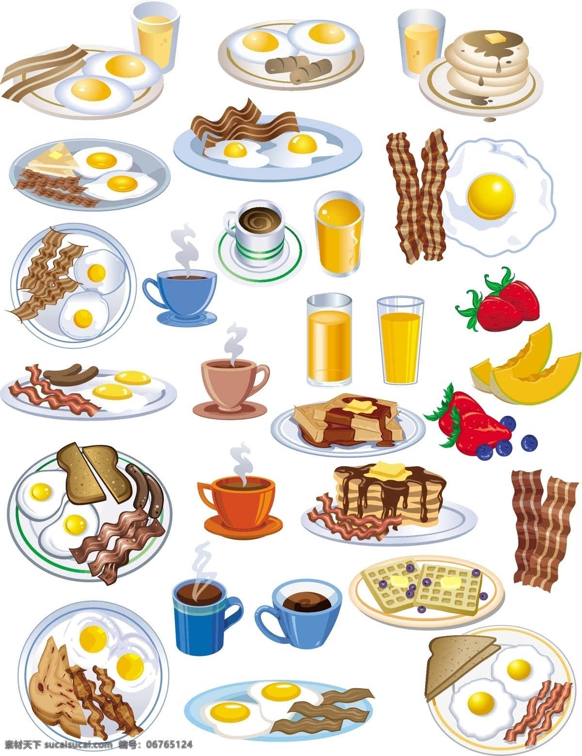早餐免费下载 杯子 草莓 果汁 哈密瓜 鸡蛋 咖啡 面包 奶酪 盘子 水果 早餐 板 香肠 矢量图 日常生活