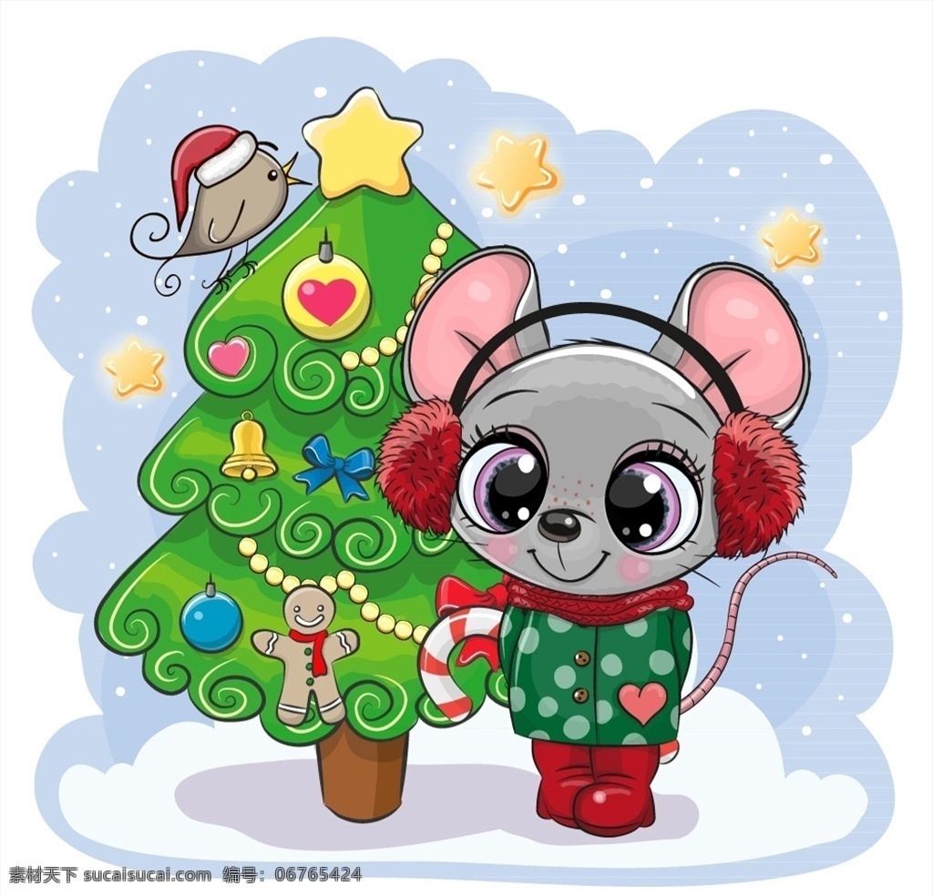 卡通 圣诞树 老鼠 星星 圣诞帽 雪花 冬季 矢量 高清图片