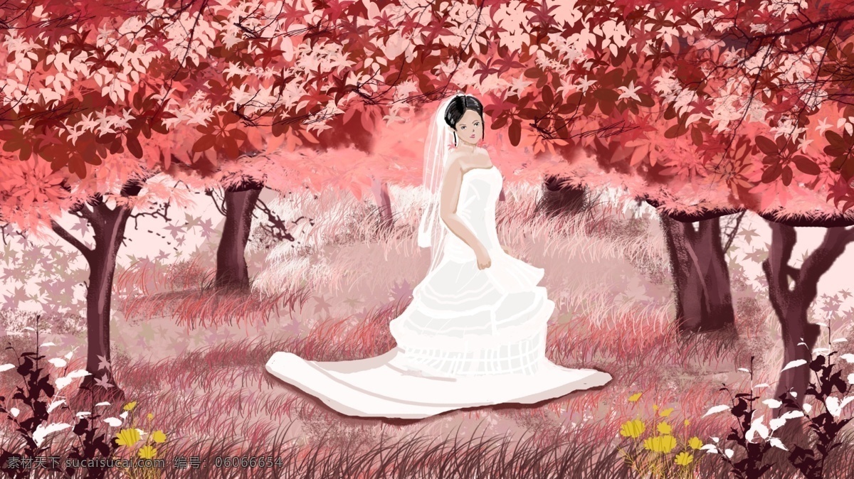 粉色 婚礼 场景 插画 新娘 数木 手绘