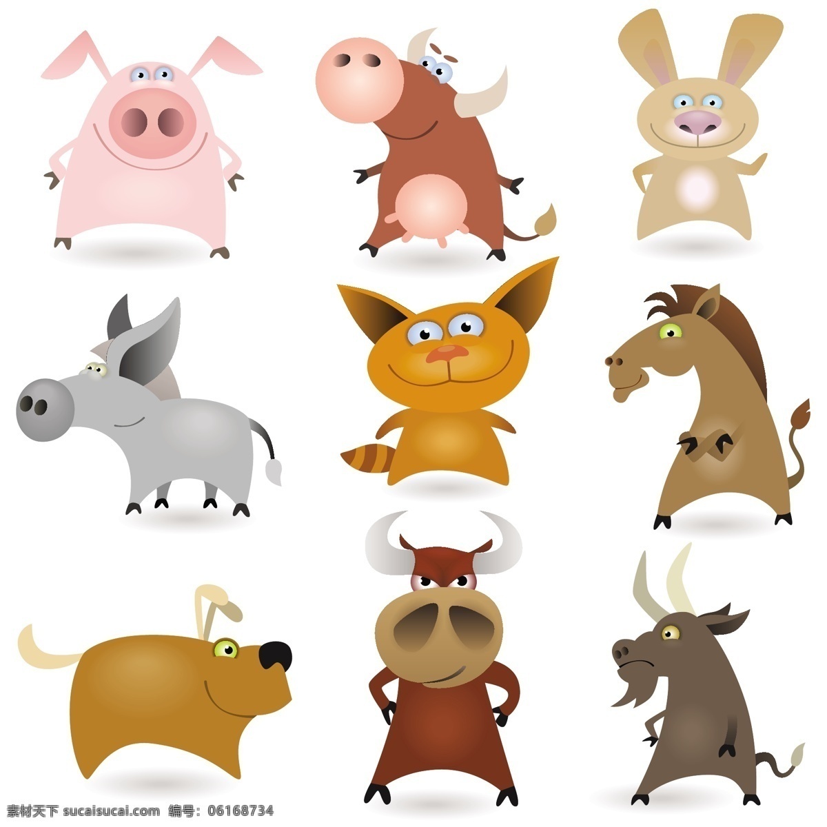 卡通可爱动物 卡通 动物 可爱 卡通生物 马 牛 猪 羊 狗 猫 陆地动物 生物世界 矢量素材 白色