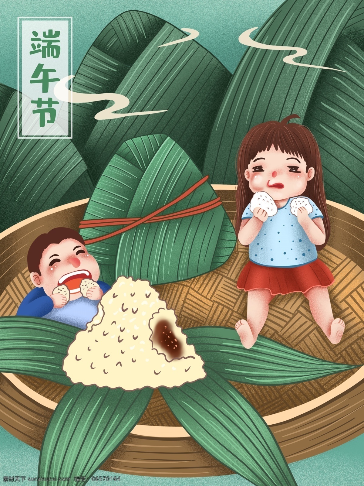 端午节 两个 小 胖子 吃 粽子 原创 插画 五月节 节日 女孩 男孩 吃东西 吃货