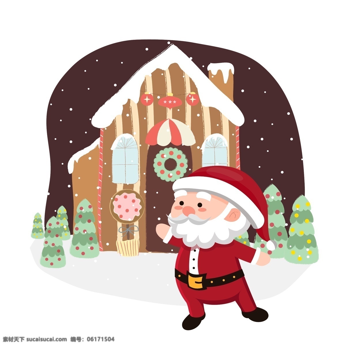 圣诞节 冬季 冬天 手绘 插画 圣诞老人 房子 手绘插画