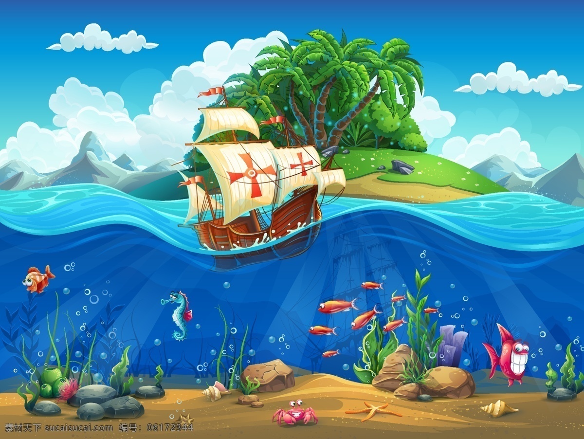 卡通海底 卡通 儿童 海面 海底总动员 幼儿园 学校 插画 帆船 小岛 蓝天 白云 海底 幼儿 水底世界 世界 自然 动漫动画 风景漫画