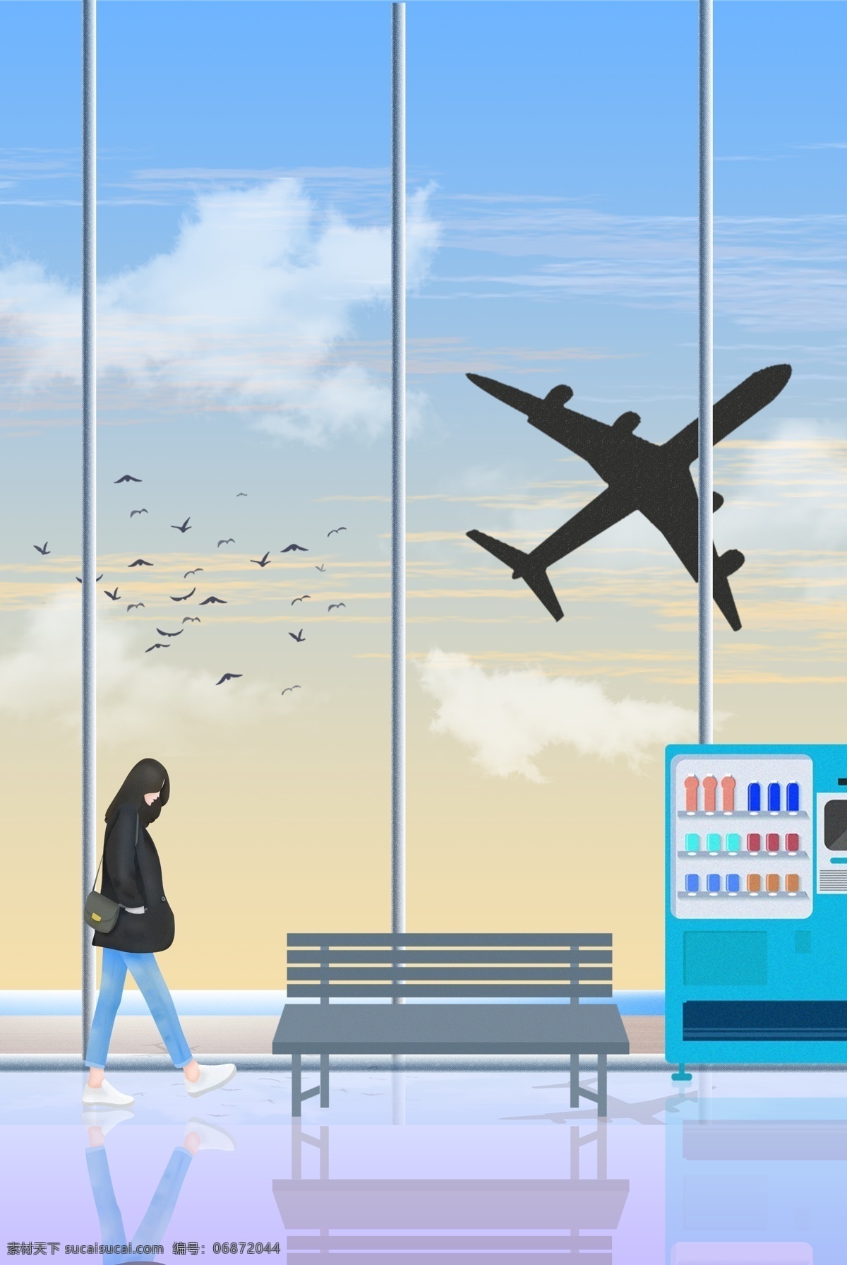 清新 机场 候车厅 海报 女孩 飞机 长椅 自动贩卖机 旅行 国庆节 一个人的旅行