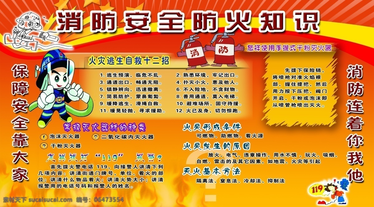 消防 安全 防火 知识 宣传栏 火警 安全消防知识 卡通火警 火苗 火灾逃生自救 怎样 使用 灭火器 灭火器材种类 展牌 展板模板 广告设计模板 源文件