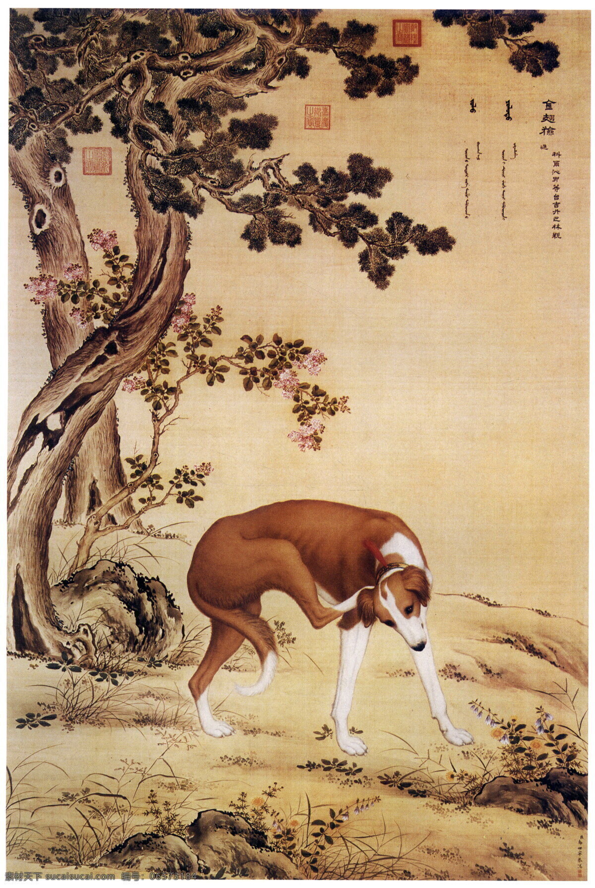 清朝国画 水墨画 十骏犬图之 金翅猃 黄色