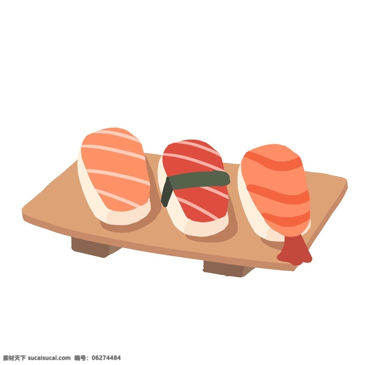 日本 海鲜 寿司 插画 日版寿司 海鲜寿司 三文鱼寿司 大虾寿司 木质盘子 特色美食 美食 食物 美味的寿司