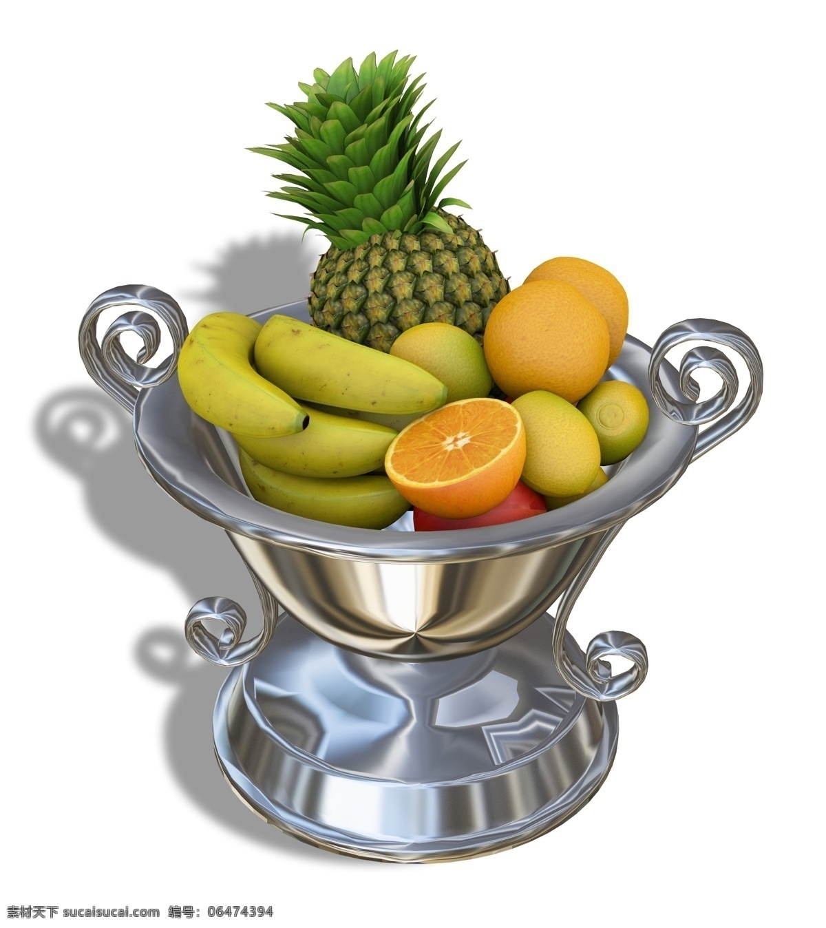 盘 新鲜 水果 组合 一盘 新鲜的 水果组合 菠萝 香蕉 橘子 橙子 苹果 金属盆 盛 满 盆子 高档水果盘