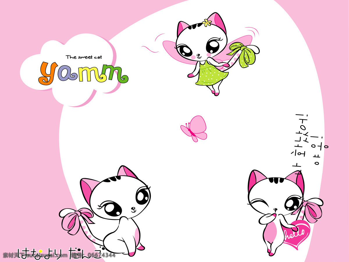 可爱 卡通 猫 爱心 底纹边框 蝴蝶 可爱卡通猫 移门图案 粉色记忆 装饰素材