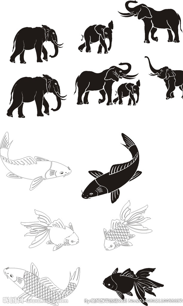 大象与金鱼 大象 金鱼 鲤鱼 动物 矢量金鱼 矢量图 移门图案