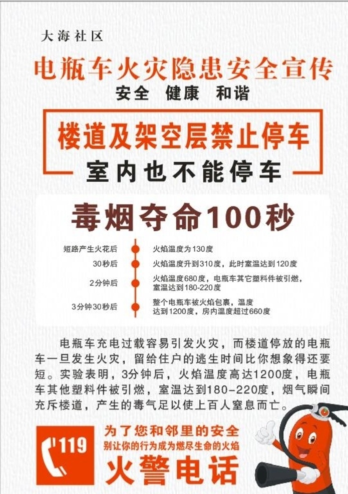 防火宣传 电瓶车 安全宣传 夺命100秒 火警电话 消火栓 禁止停车 素色背景
