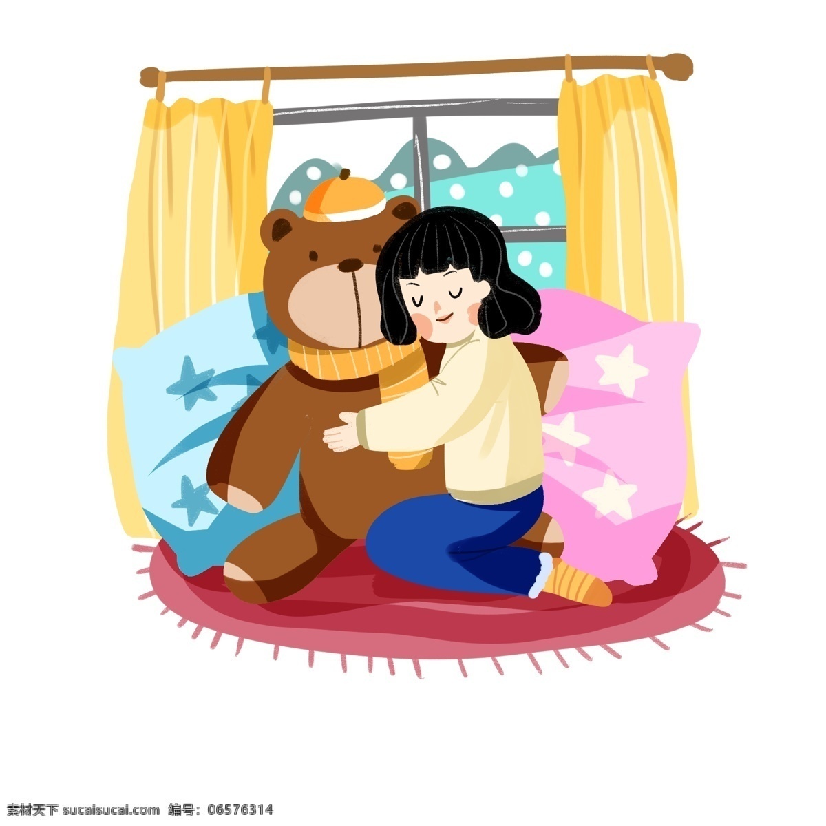取暖 人物 小 熊 插画 漂亮的小女孩 黄色的窗帘 黄色帽子 室内取暖 手绘 棕色的小熊