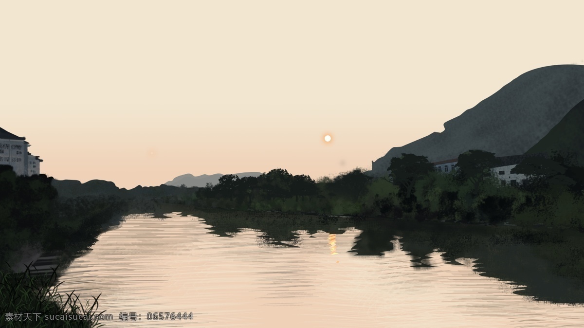 乡村 早晨 日出 风光 水天一色 倒影 风景 乡村早晨