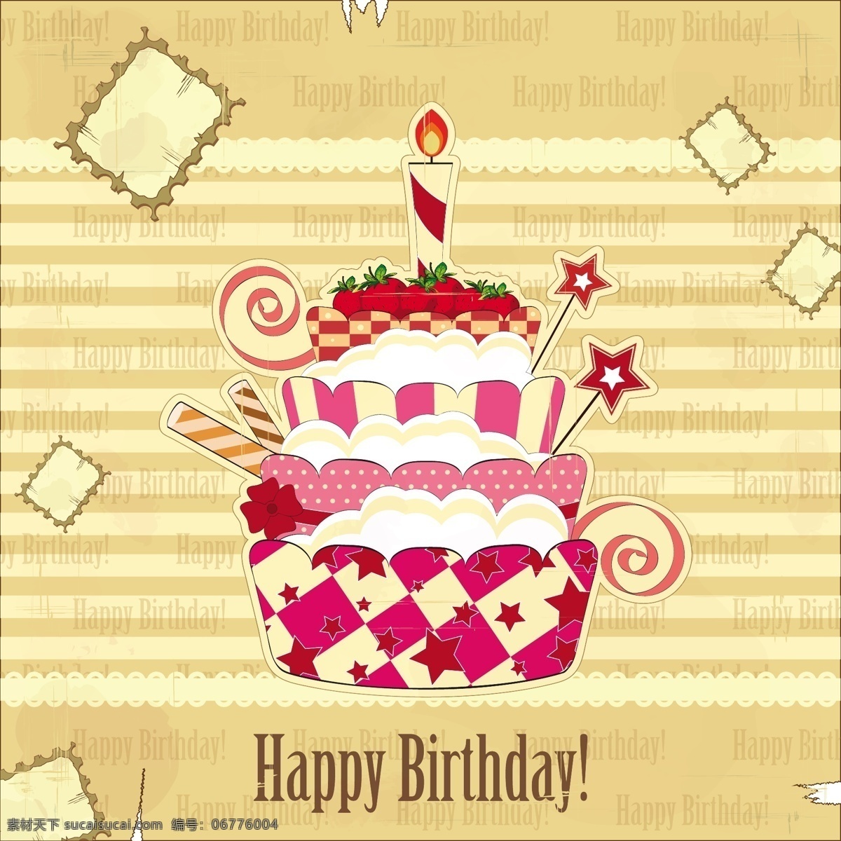复古 风格 生日贺卡 矢量 蛋糕 贺卡 生日 矢量图 其他矢量图