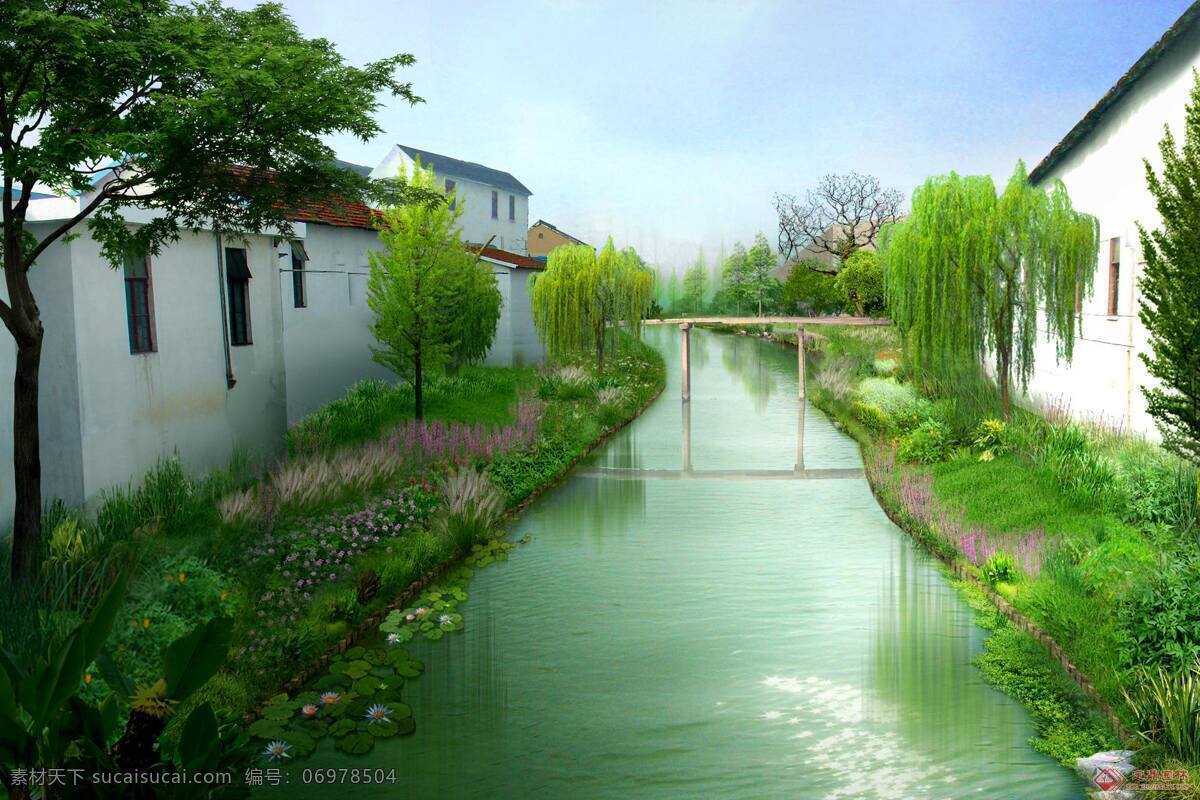 乡村 河道 生态 效果图 沟 渠 景观设计 环境设计 绿色