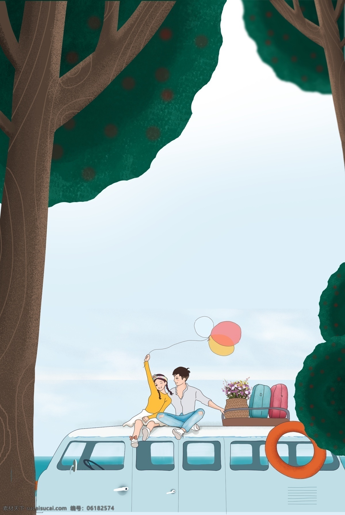 夏季 旅行 游玩 蓝色 森林 背景 森林背景 公交 旅游 树木 气球