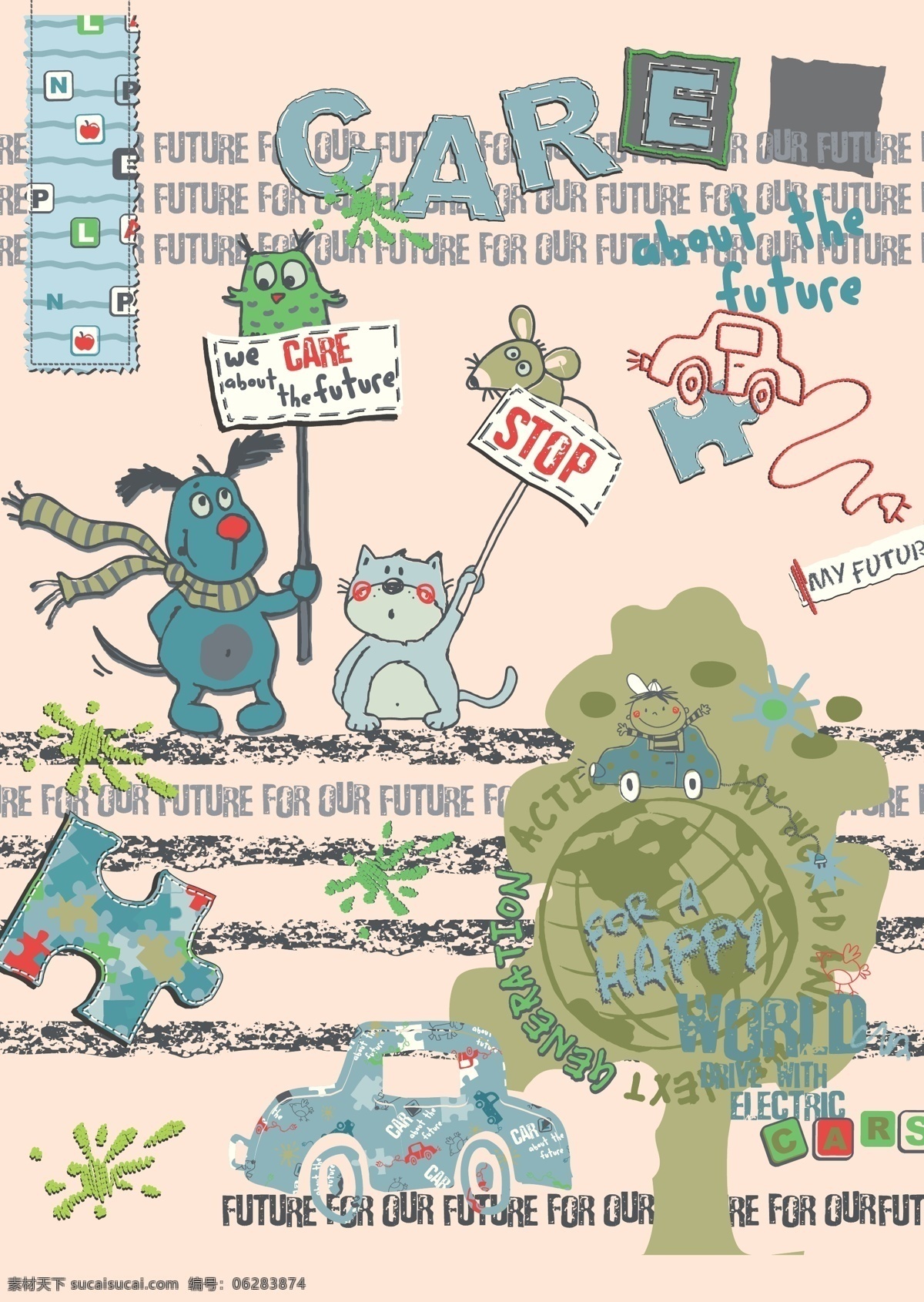 卡通 插画 卡通插画 老鼠 男孩 拼图 汽车 小狗 小猫 小汽车 矢量图