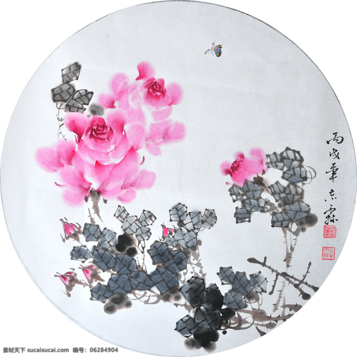 国画牡丹 牡丹 国画 蝴蝶 圆画 博纳书画 绘画书法 文化艺术