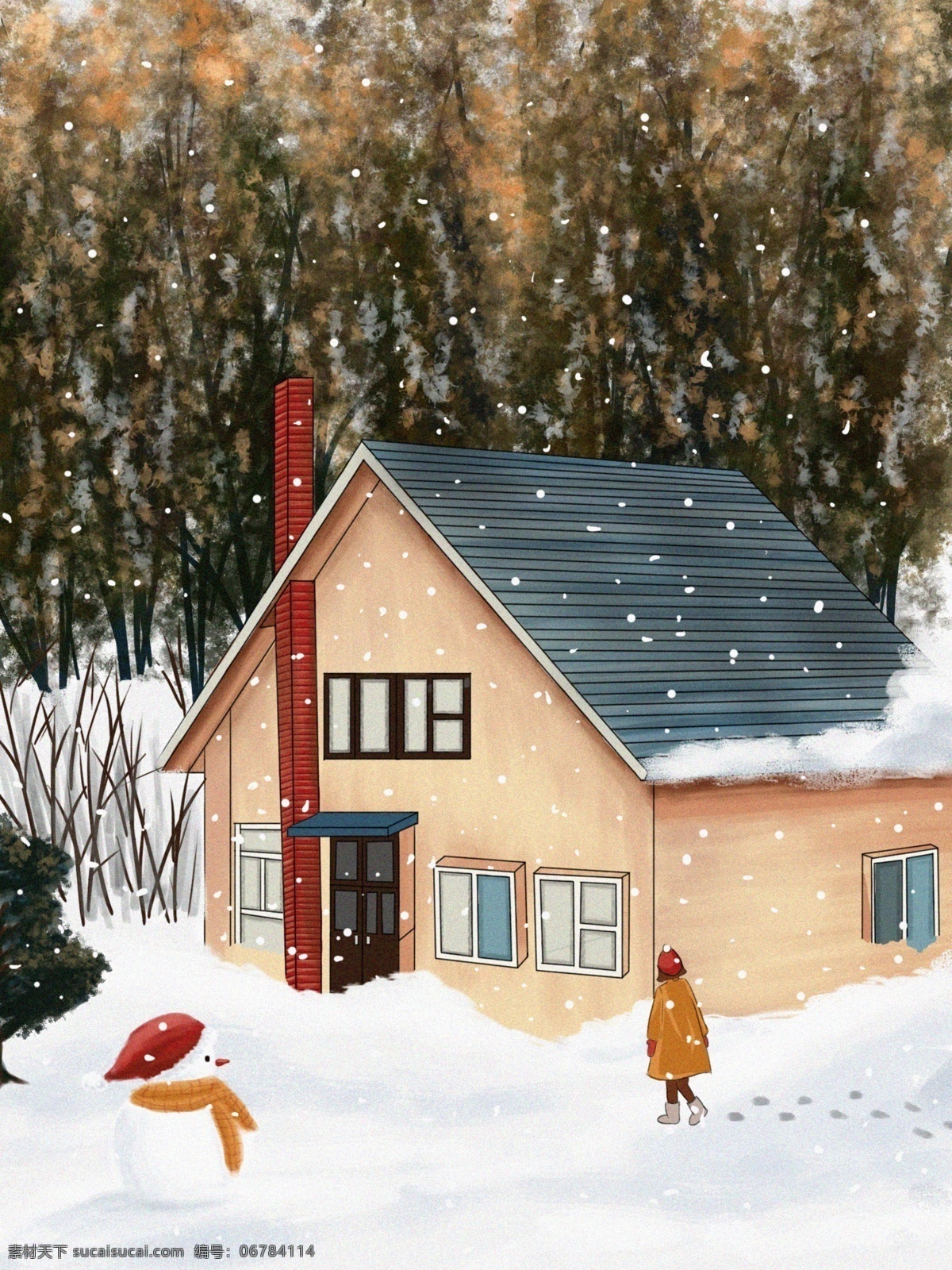 冬日 雪景 雪地 里 小屋 冬季 雪人 树林 房子 木屋 下雪