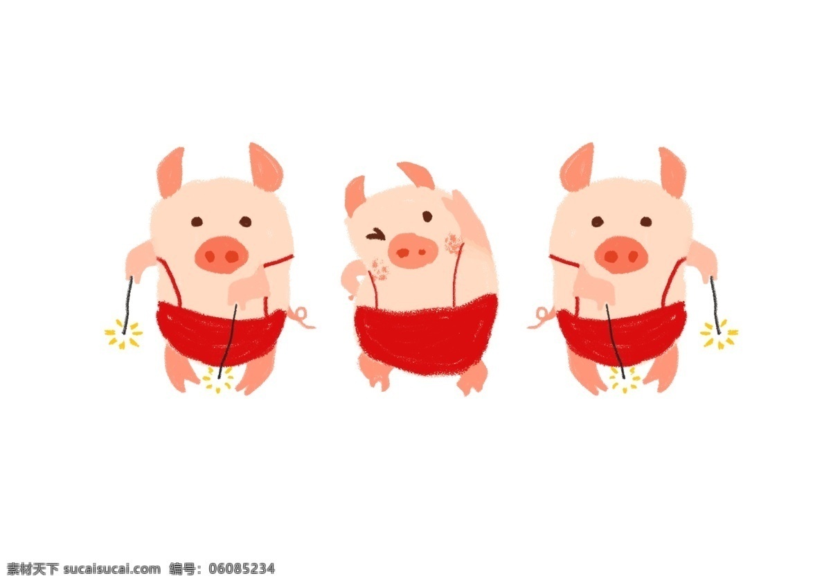 原创 手绘 卡通 猪 元素 猪年 卡通猪 跳舞 动物 鞭炮 猪元素 猪年素材 红色猪 2019年 新年