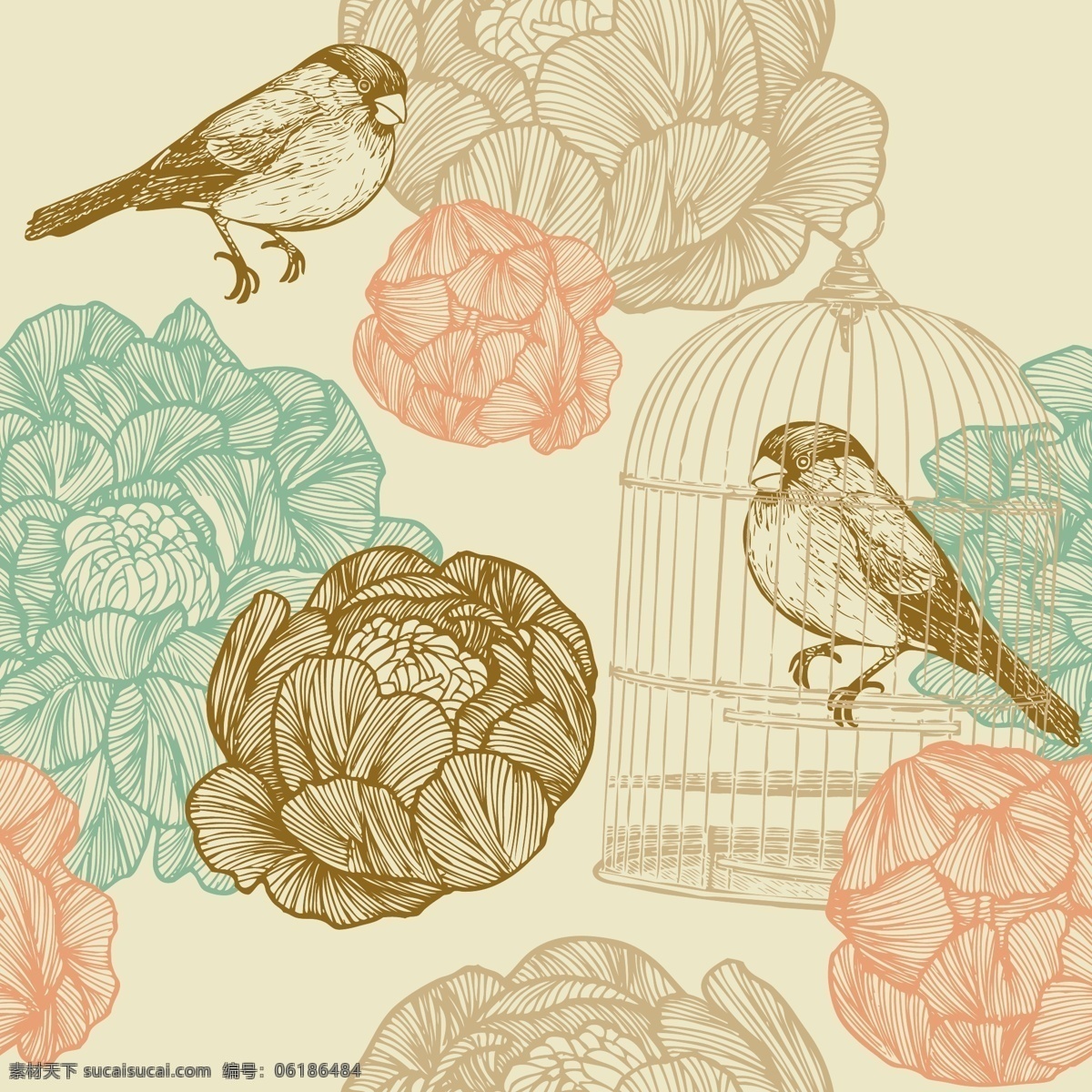 手绘 复古 牡丹 麻雀 鸟笼 矢量 彩色 矢量素材 设计素材