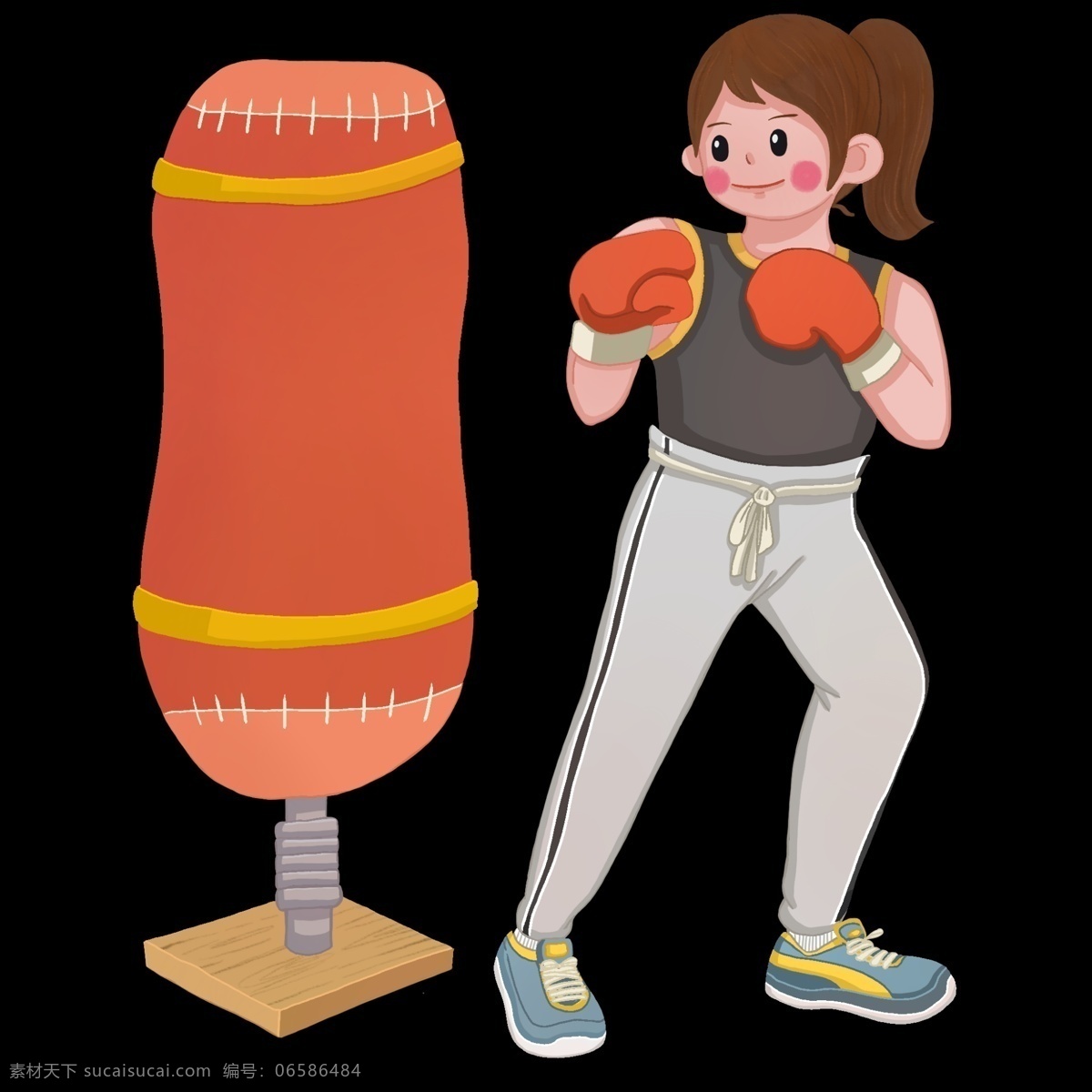 拳击 健身 小女孩 健身运动插画 拳击健身 黄色的沙袋 黄色的手套 健身的小女孩 卡通人物