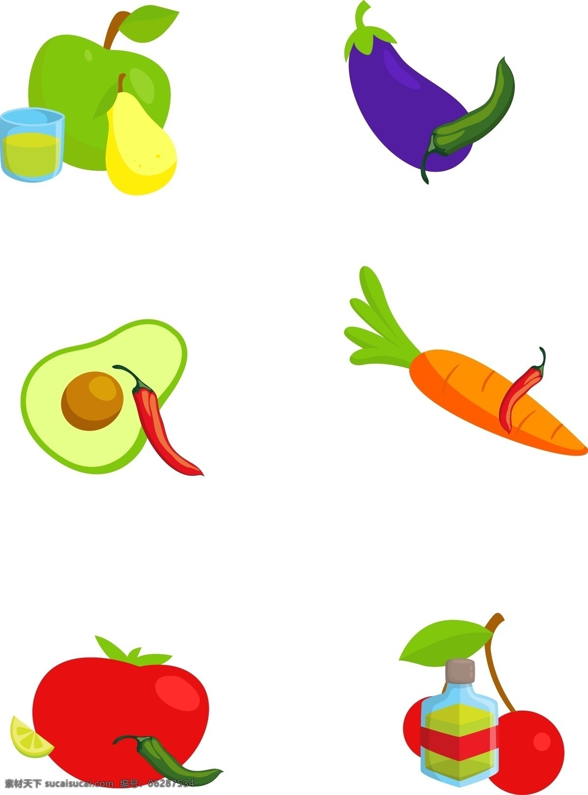 水果 简约 装饰 元素 萝卜 苹果 葡萄 绿苹果 辣椒