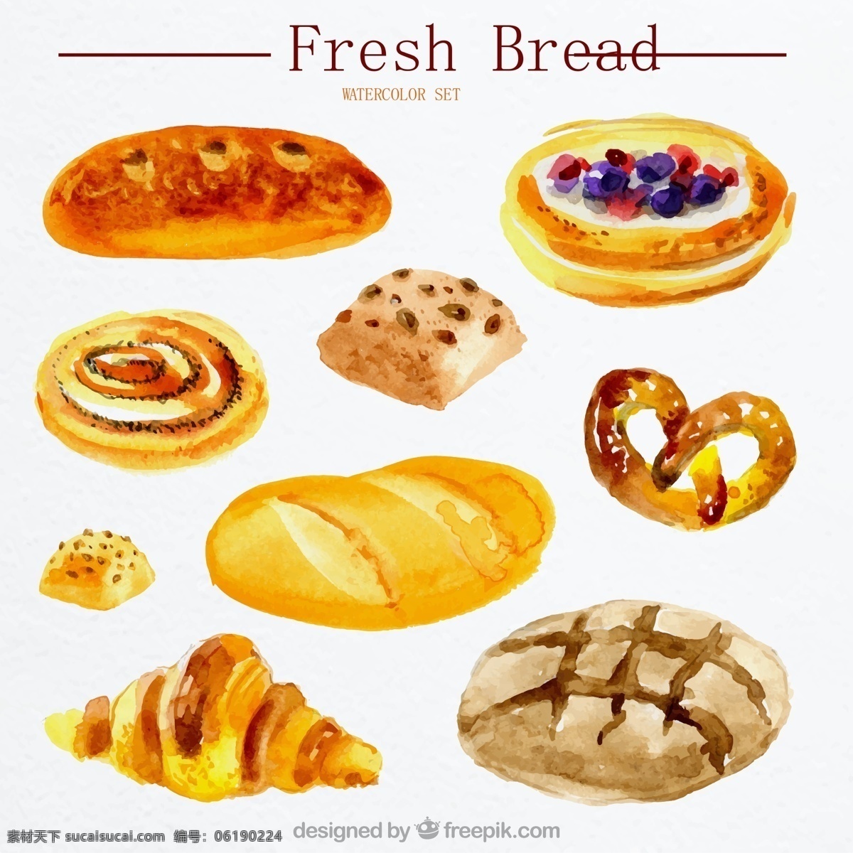 面包矢量图 夹馅面包 水果面包 全麦面包 牛角面包 水彩 面包 食物新鲜 烘培食品矢量 餐饮矢量素材