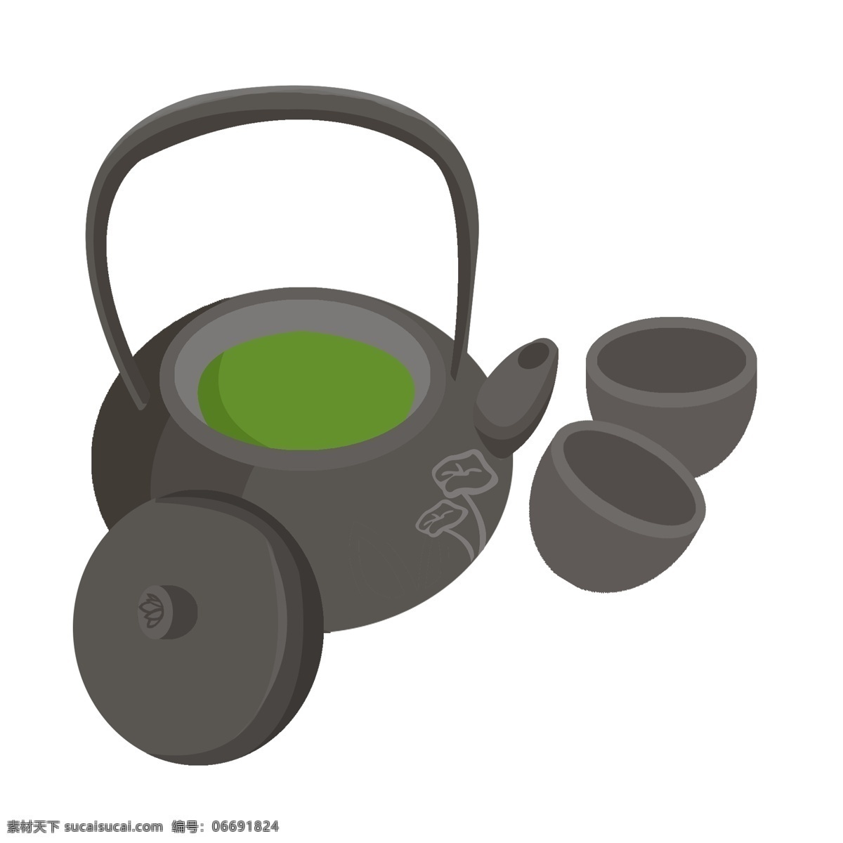 深灰色 茶具 插画 中国风 绿色的茶水 打开的茶壶 古典茶壶 磨砂茶具 喝茶