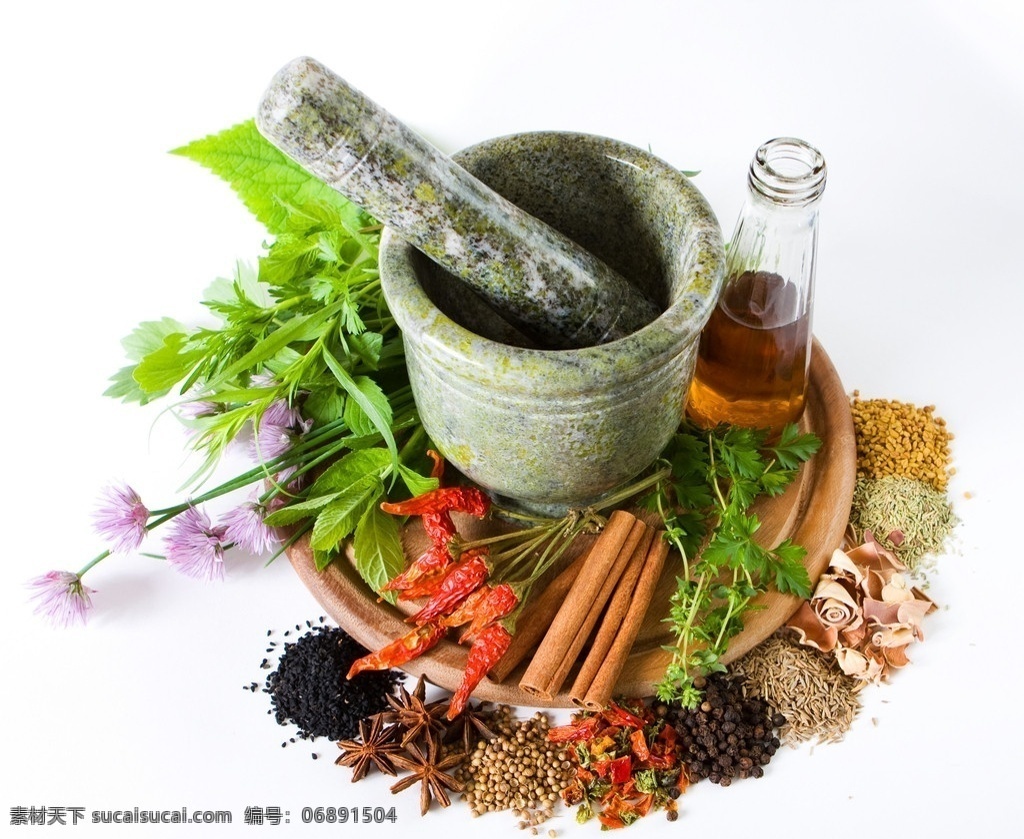 各种 香料 蒜 臼 高清 厨房用品 香草 香油 辣椒 五香 八角 香叶 芝麻 木质蒜臼 高清图片 食物原料 餐饮美食